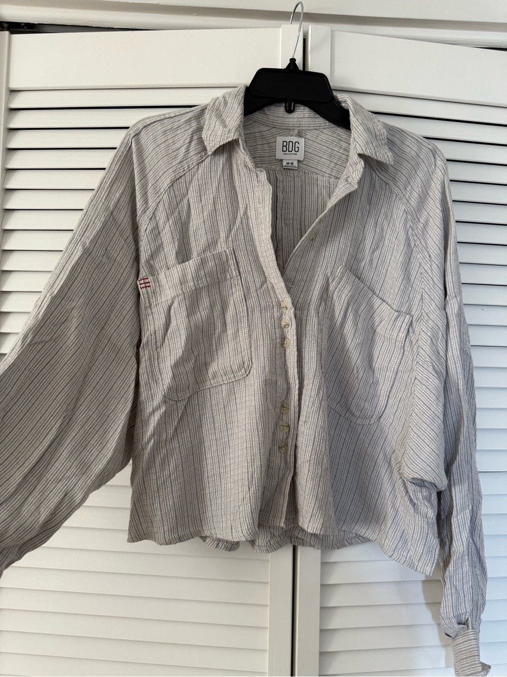 BDG Striped Button-Up Shirt in Light Gray and Cream